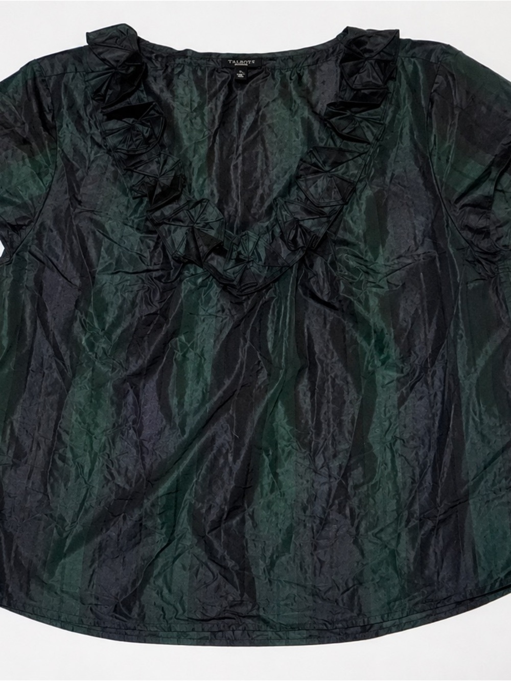 Talbots Ruffled 100% Silk V-Neck Short Sleeve Top in Black & Green Top Size 16 - Picture 3 of 6